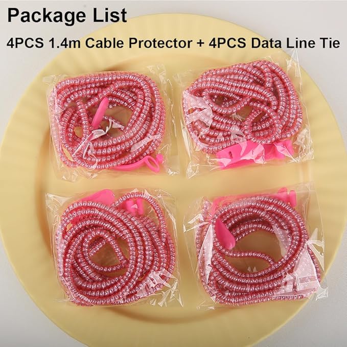 4pcs 1.6M(5.25FT) Spiral Cable Protector, Multicolor Suitable for Most Phone/Pad/Laptop USB Wire Cord Savers Protection Cover Anti-Break Wrap Charger Data Line Cables Sleeves, Laser Rose