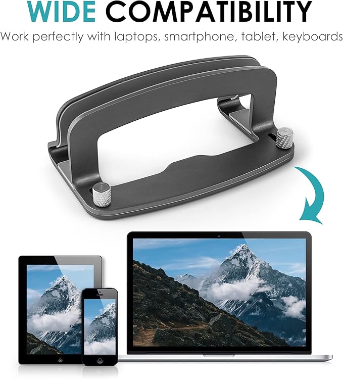LOTEYIKE Aluminum Vertical Laptop Stand, MacBook Pro Laptop Vertical Stand Dock Holder with Adjustable Slot Fits All Laptops Notebook Tablets MacBook Air- Save Space & Improve Airflow, Grey