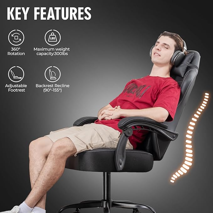 GTPLAYER Gaming Chair, Office Chair High Back Computer Chair for Adults, Leather Desk Chair Executive Ergonomic Height Adjustable with Headrest and Lumbar Support, 300lbs Black