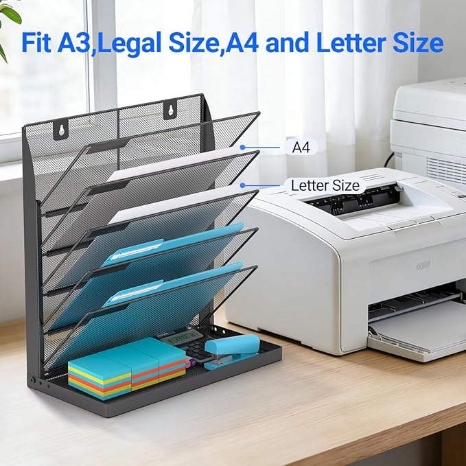 Legal/Letter Size 6 Tier Wall File Organizer,2-in-1 Wall Mounted&Desktop File Holder,2 Installation Methods Screws & Adhesive,Mesh Document Organizer with Label Plate for Home Office