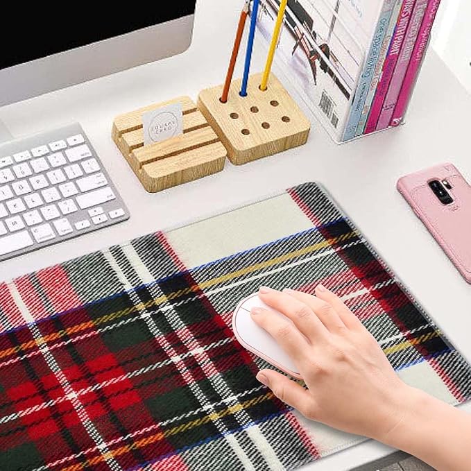 Gaming Mouse Pad, Large Non-Slip Rubber Base Mousepad, Keyboard Mouse Mat, Desk Pad with Stitched Edges, 31.5x11.8inch, Red and White Plaid