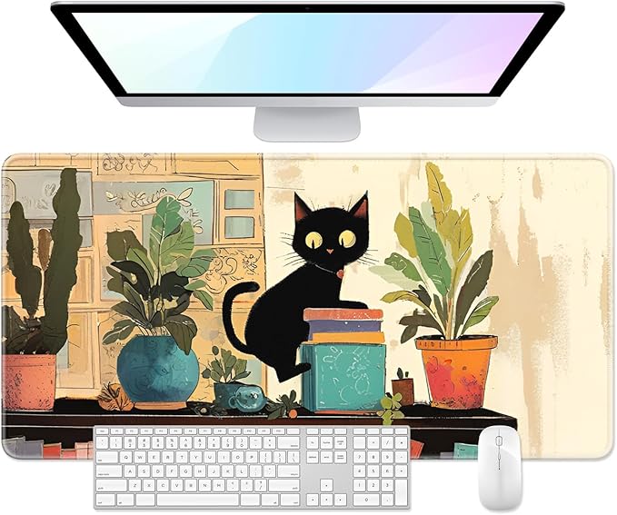 Desk Pad, 32" x 16" XXXL Extended Large Gaming Mouse Pad, Desktop Decor Desk Mat, Men Women Office Supplies and Accessories, Cute Anime Mouse Mat for Laptop & Keyboard, Plant Black Cat