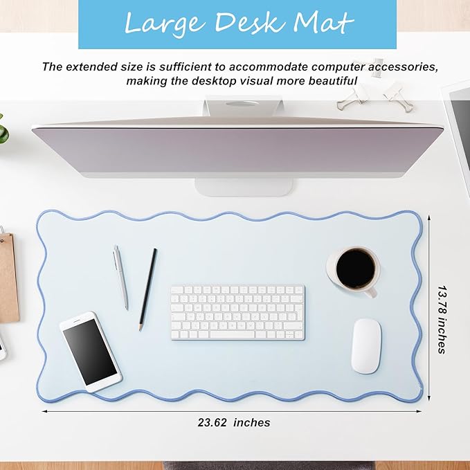 Hahafelt Scalloped Desk Mat Large Desk Pad Cute Coquette Table Mat Aesthetic Preppy Table Make up Pad Nonslip 2026 Graduation Gift with Stitching Waterproof Gaming(Blue,23.6 x 13.8 Inches)
