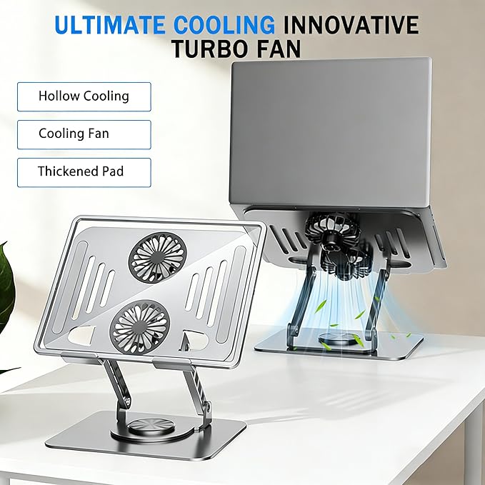 Laptop Stand with Cooling Fan, 360° Rotating Base Aluminum Laptop Riser, Foldable Ergonomic Computer Stand for Desk, Height Adjustable Notebook & All Laptops Up to 17.3" (Silver)