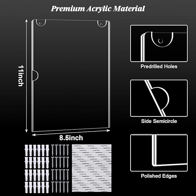 xydstay 6pack Acrylic Wall Sign Holder with Serews&Tape,8.5 X 11 Wall Mount Clear Plastic Sign Holder,Memo Document Menu Holder for Restaurant, Office, School, Store and Home Use,Support No Drilling