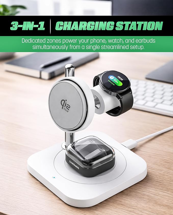 Qi2.2 Certified 3-in-1 Wireless Charger Stand for Samsung [25W Fast-Charging] Magnetic Station for Phone, Galaxy Watch and Earbuds, Compatible with MagSafe, Active Air Cooling (45w Adapter Included)