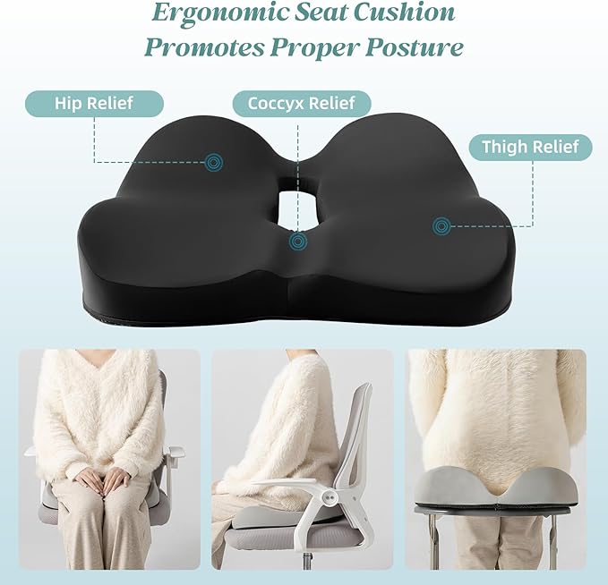 SheRest Seat Cushion, Ergonomic Memory Foam Cooling Cushion, Pressure Relief Suitable for Long Sitting Hours on Office Chairs, Desks, Cars and Airplane Seats, Black