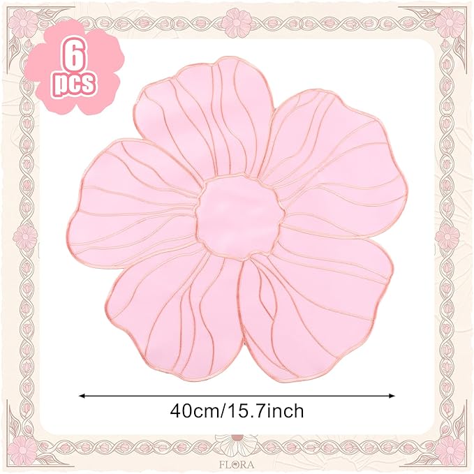 Moukeren Set of 6 Elegant Floral Placemat 16'' Flower Shaped Place Mat Flower Embroidery Table Mat for Wedding Bridal Shower Baby Shower Tea Party Kitchen Dining Table Decor(Pink)