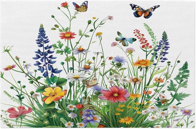 Placemats Set of 4 Heat-Resistant Rectangle Place Mats Grass Flower Floral Washable Plastic PVC Dining Table Mat Non-Slip Wipeable Woven Vinyl Placemat for Kitchen Patio Table Decor