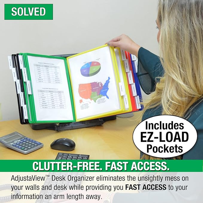 Ultimate Office AdjustaView 20-Pocket Desk Reference Organizer with Easy-Load Pockets and Compact Weighted Base for Stability (Colored Pockets)