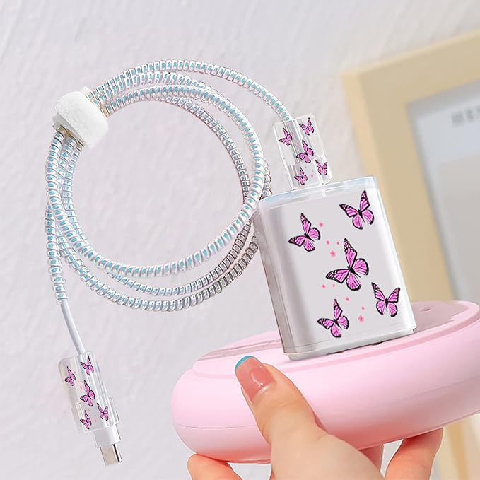 Cute Phone Charger Storage Case cover Set Pink Butterfliy flowers Carrying Bag with Cable Protector Cord Organizer,Cable Chomper,Charger Saver Lightning Compatible for iPhone