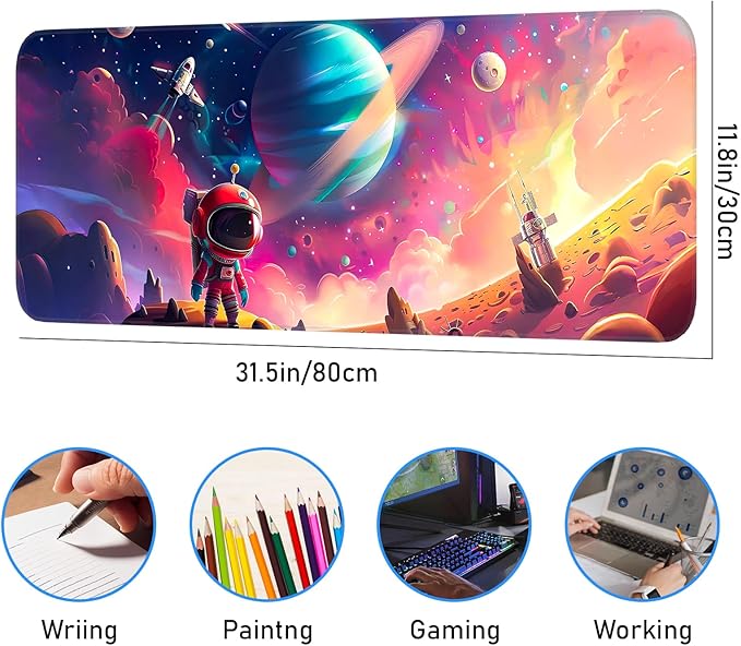 Gaming Mouse Pad, Non-Slip Rubber Band Stitched Edge, Astronaut Planet Space, Suitable for Home, Gaming, Office, 31.5x11.8 Inch Anime Mouse Pad