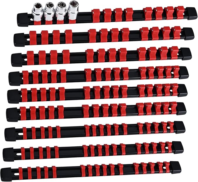 Socket Organizer Set 9PCS ABS Socket Holder Kit, 1/4-Inch x 48 Clips, 3/8-Inch x 45 Clips, 1/2-Inch x 36 Clips Socket Set Organizer, Drive Socket Tray, Socket Holders Clip Socket Rail, Red