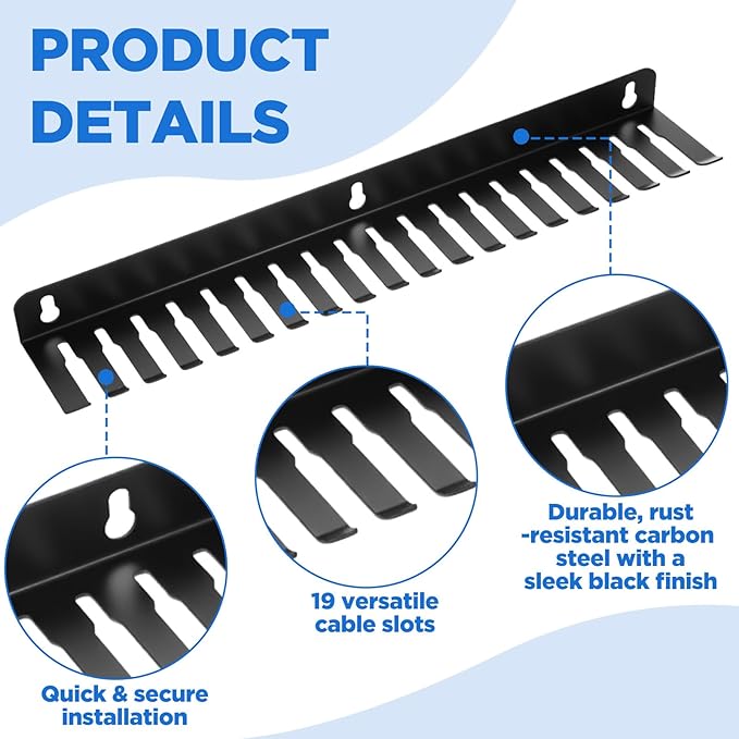 2 Pcs Wall Mountable Cable Hanger – Heavy-Duty Carbon Steel Cord Organizer with 19 Slots (0.2“-0.35”), Black – 15.8 x 2.8 x 1.3 Inch for Tangle-Free Cable Management