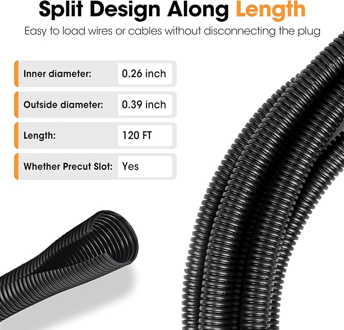 120 FT Wire Loom 1/4 Inch, Split Wire Loom Tubing Conduit, Wire Protector Tubing, Black