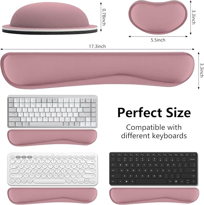 Wrist Rest for Computer Keyboard, Memory Foam Keyboard Wrists Rest, Ergonomic Design Wrist Support for Keyboard for Hand and Arm Easy Typing Pain Relief, 2 Piece Pad, Purplr Pink