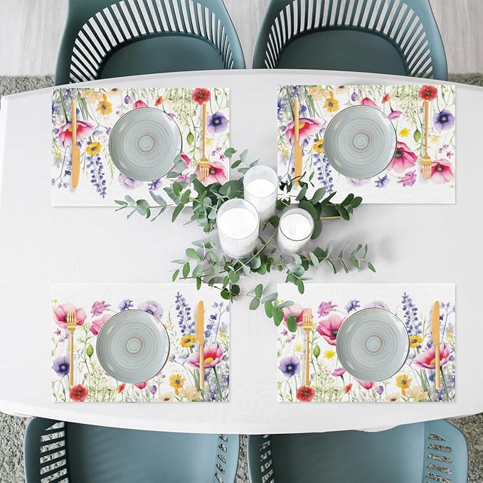 Placemats Set of 4 Heat-Resistant Rectangle Place Mats Floral Flower Grass Washable Plastic PVC Dining Table Mat Non-Slip Wipeable Woven Vinyl Placemat for Kitchen Patio Table Decor