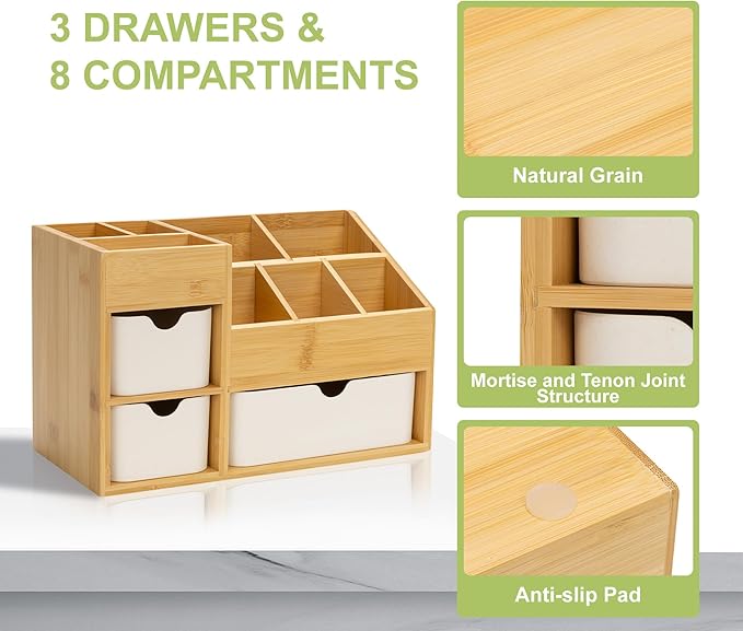 Bamboo Desktop Organizer 8 Compartment Cosmetic & Jewelry Holder with 3 Drawers, Vanity Storage Box for Skincare, Accessories & Beauty Products Display with Adjustable Dividers No Assembly Required