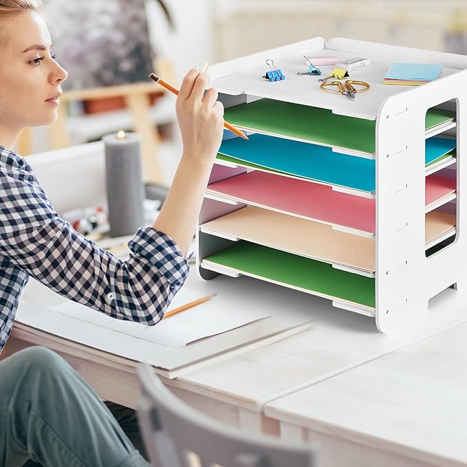 Juexica 6 Tier File Organizer for Desk, 12 x 12 Stackable Paper Trays, Paper Holder, Desktop File Organizer, Home Office Decorations