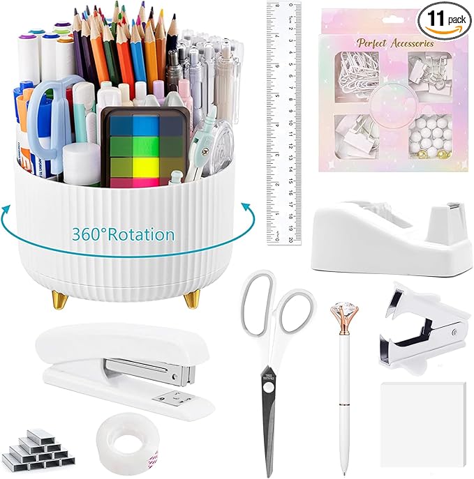 Office Supplies,School Supplies,White Desk Accessories,Desk Organizer,Scissors,Stapler,Tape Dispenser,Binder Clips,Staples,Staple Remover,Sticky Notes,Clear Tape,Pen,Ruler,Best Gift,11pcs