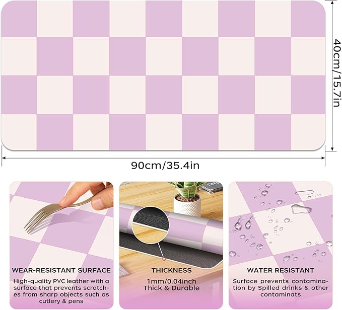 Large Checkered Desk Mat 35.4" x 15.7", PU Leather Mouse Pad Protector, Non-Slip Office Desk Pad, Waterproof Writing Pad for Office and Home (35.4in*15.7in, Purple Plaid)