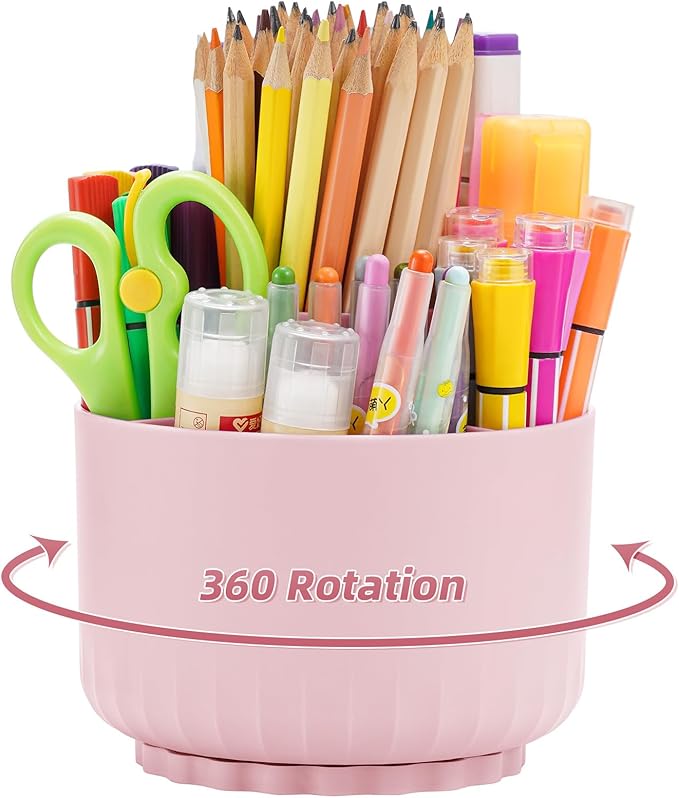 Marbrasse Desk Organizer, 360-Degree Rotating Pen Pencil Holder, Desk Organizers and Accessories with 5 Compartments Pencil Organizer, Art Supply Storage Box Caddy for Office, Home (Pink)
