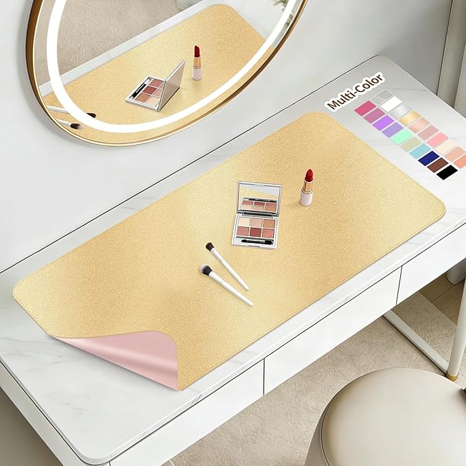 Makeup Mat for Vanity to Protect Desk Top 19.7 x 11.8in, Dual-Sided Makeup Mat, Easy to Clean Desk Pad - Waterproof and Oilproof Vanity Accessories (Gold and Pink)