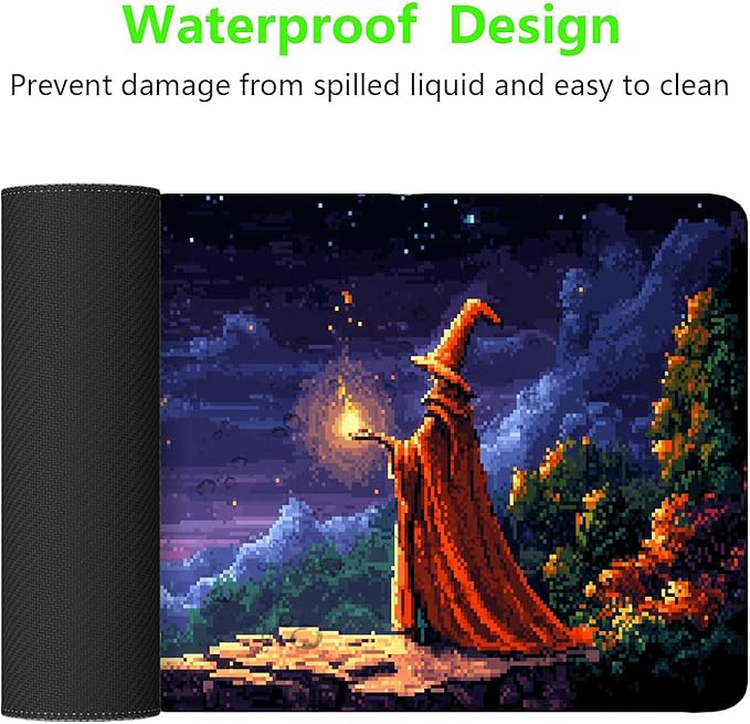 Pixel Art Desk Mat Wizard Magic Moon Mysterious Castle Large Gaming Mouse Mat with Stitched Edges,Non-Slip Waterproof Rubber Base Mous Mat 31.5"x11.8" Office Computer Keyboard Laptop Home
