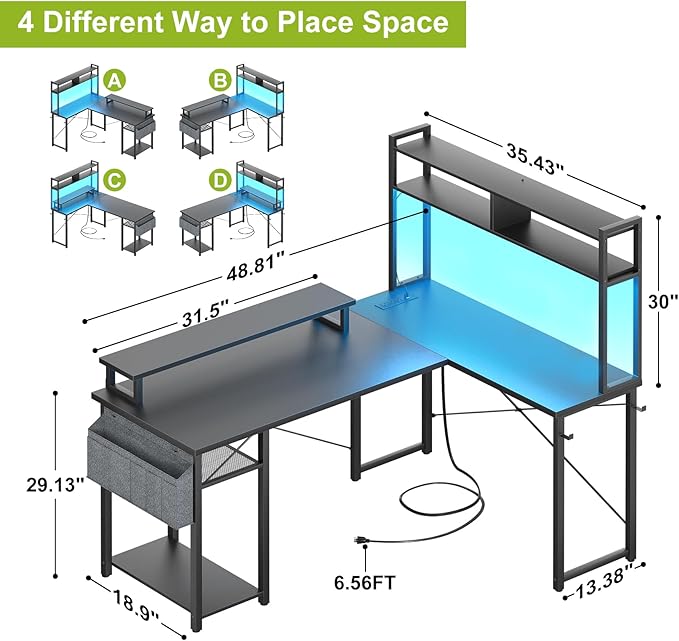 Besiost Small L Shaped Desk Gaming Desk with Power Outlets, 48" Reversible L Shaped Computer Desk with Monitor Stand & Storage Shelf, Corner Gamer Desk Home Office Desk with Storage Bag, Black