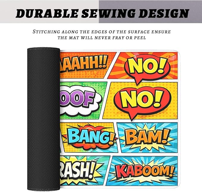 Pop Art Comic Mouse Pad, Kaboom Boom Cartoon Retro Gaming Desk Mat Extended Laptop Keyboard Non-Slip Rubber Base with Stitched Edges for Home, 31.5x11.8in Desk Home Office Gaming