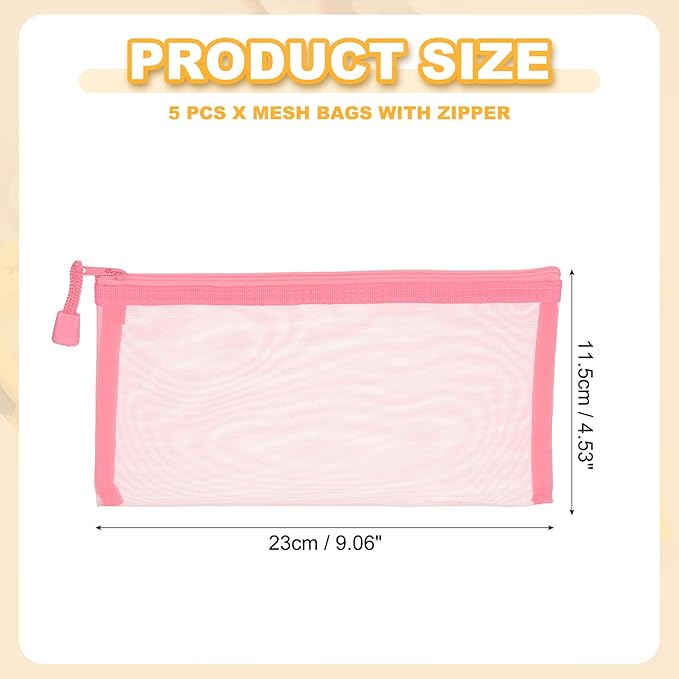 PATIKIL B6 Mesh Zipper Pouch Bags, 5 PCS Mesh Bags with Zipper Plastic Storage Pocket for Organizing File Beads Office Home Supplies, 11.5x23cm, Pink