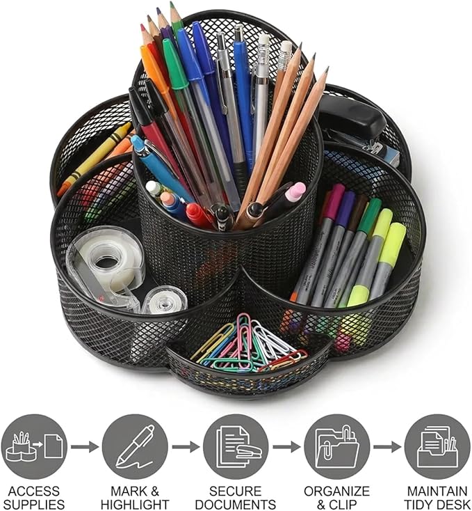 Multifunctional Desk Pen Holder,360°Rotating Metal Mesh Pen Holder,Office Learning Stationery Organiser (Black)