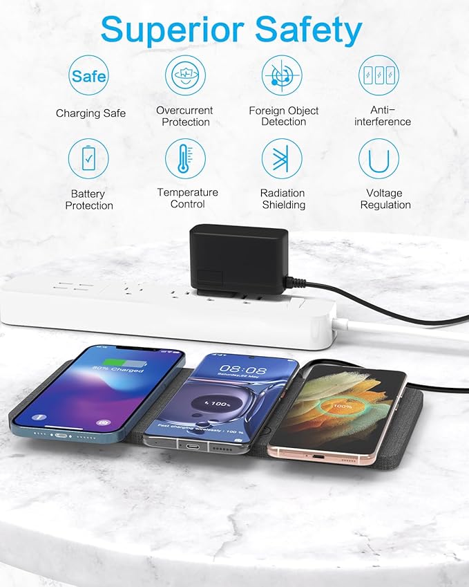 ZealSound Wireless Charging Pad, 3 in 1 Charger Mat for iPhone, Samsung Galaxy, Pixel, AirPods & Galaxy Buds, 24W Adapter Included, Ultra Slim, Case Friendly, PU Leather, Home Office & Travel, Gray