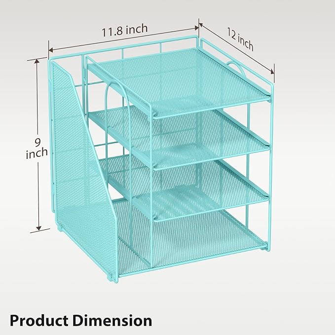 Teal Desk File Organizer and Accessories, 4-Tier Paper Organizer with Vertical File Holder, Office Desk Accessories & Workspace Organizers and Desktop Storage for Office Supplies (Sky Blue)