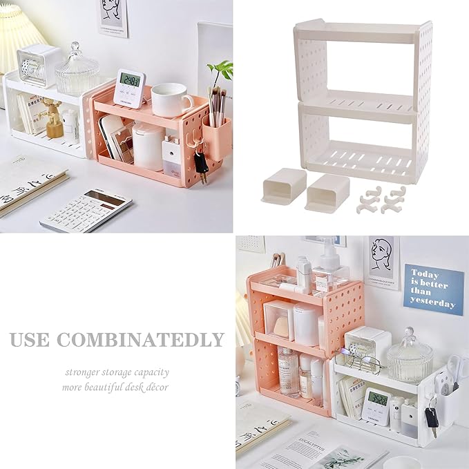 Lae Nuvole Desktop Organizer Shelf Stationery Organizer with Pen Holder Office Desktop Storage Rack Combinable Organization and Storage for Desk, Office, Countertop, Dorm (Pink, 3 Tier)