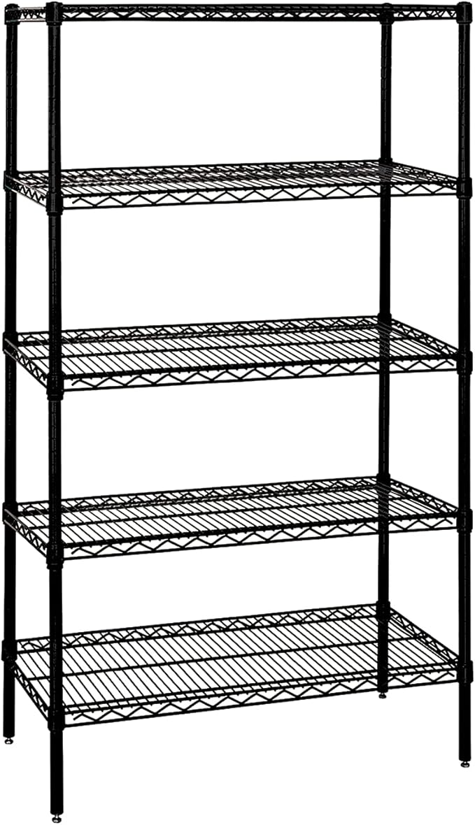 Quantum Storage Systems WR63-1448BK-5 Wire Shelving Starter Kit, 48" W x 14" D x 63" H, 600 lbs Capacity, Carbon Steel, Epoxy Coated, Black, NSF