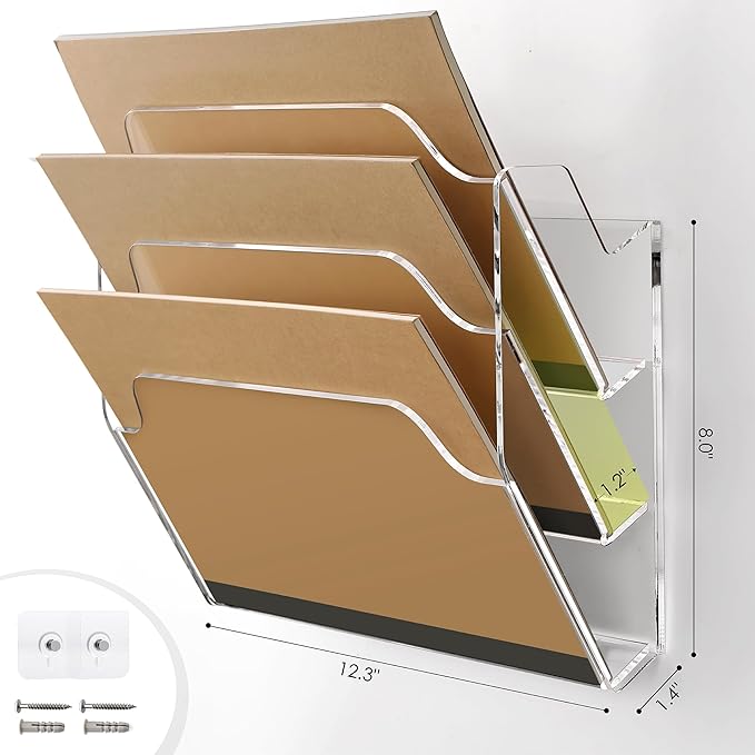 DINGHUO Acrylic Hanging Wall File Organizer for Office, 3 Pockets Wall Mounted Magazine File Holder for Mail Paper Document Organization, No Assembly Required, Hooks Screws Included - 1 Pack