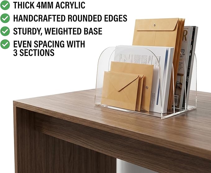 3-Section Vertical file organizer for desk acrylic German-Standard Cast PMMA Heat-Bent Design—Clear & Stable for Long-Term Use Home Office Classroom Family Files Mail