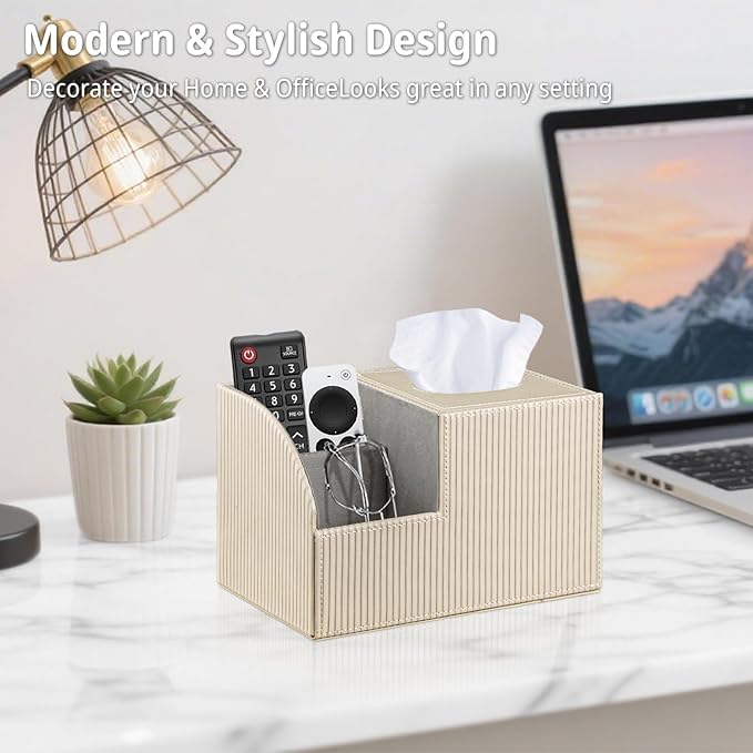 Square Tissue Box Cover with Storage, PU Leather Cube Tissue Box Holder, Remote Control Nightstand Organizer, Modern Desk Caddy for End Table, Bathroom, Bedroom, Home, Office Decor