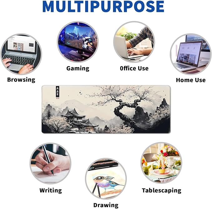 Japanese Mouse Pad, Large Japanese Desk Mat, XL Anime Gaming Keyboard Mat, Non-Slip Rubber Base, Big Extended Desk Protector for Office and Home, 31.5”x11.8”
