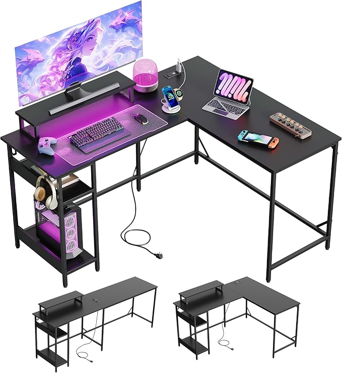 DEVAISE Spacious 55" L Shaped Gaming Desk with LED Lights and Power Outlets - Reversible Corner Computer Table with Monitor Stand and Storage Shelves for Work and Gaming, Black
