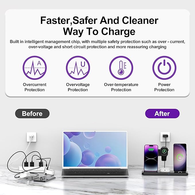 Wireless Charger for iPhone Charging Station, Foldable 4 in 1 Fast Charging for iPhone 16 15 14 13 12 Pro Max Plus, Charger Stand for Apple Watch & Airpods 4 3 2 Pro,for Samsung Series Yellow