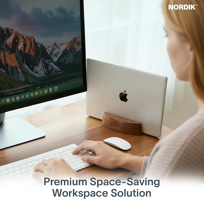 Nordik Adjustable Vertical Laptop Stand - Walnut - Premium Laptop Holder for Home Office, Software Engineers - Space Saving Desk Laptop Dock - Stable Non-Slip Wood Stand - MacBook Pro