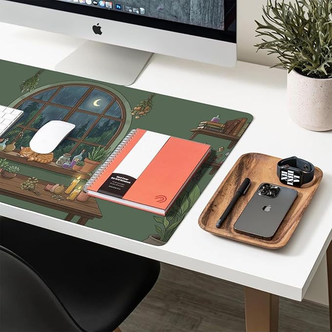 Cute Desk Mat, Green Rainy Night Large Mouse Pad for Desktop, PU Leather Waterproof Desk Pad, Anti-Slip Computer PC Laptop Protector Gaming Mouse Pads for Office Home Decorations (31.5" x 15.7")
