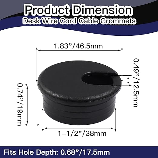 2pcs 1-1/2 Inch Desk Grommet, Plastic Desk Hole Cover, Black Cable Hole Cover, Desk Hole Grommet for Wire Cord Organizing Office Computer Desk