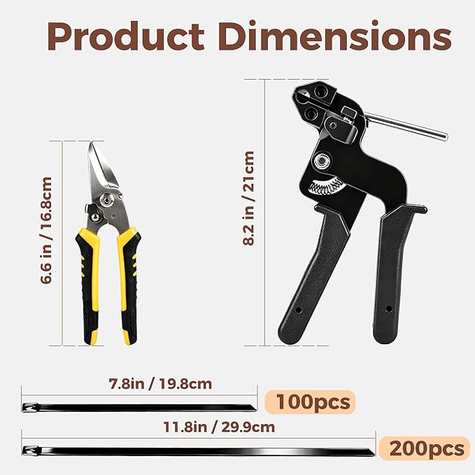 Stainless Steel Cable Tie Gun Kit, 300 Pcs Black 304 Stainless Steel Zip Ties with Cutter, Heavy Duty Metal Cable Ties, 200 11.8-Inch and 100 7.8-Inch for Fence, Farm, Chicken Coop, Pipe