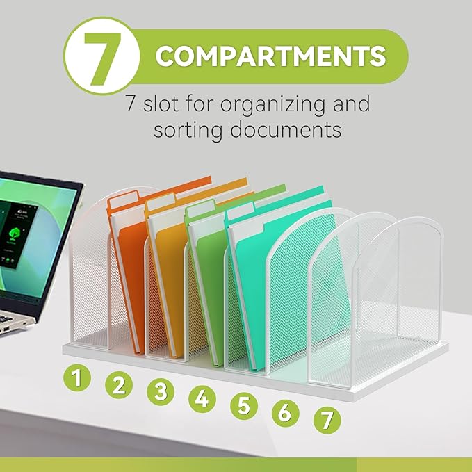 MINDEPOT Desk File Organizer Vertical 7 Sections Mesh File Sorter Paper Storage Organizer for Desk, Office Organization File Holder Rack, White