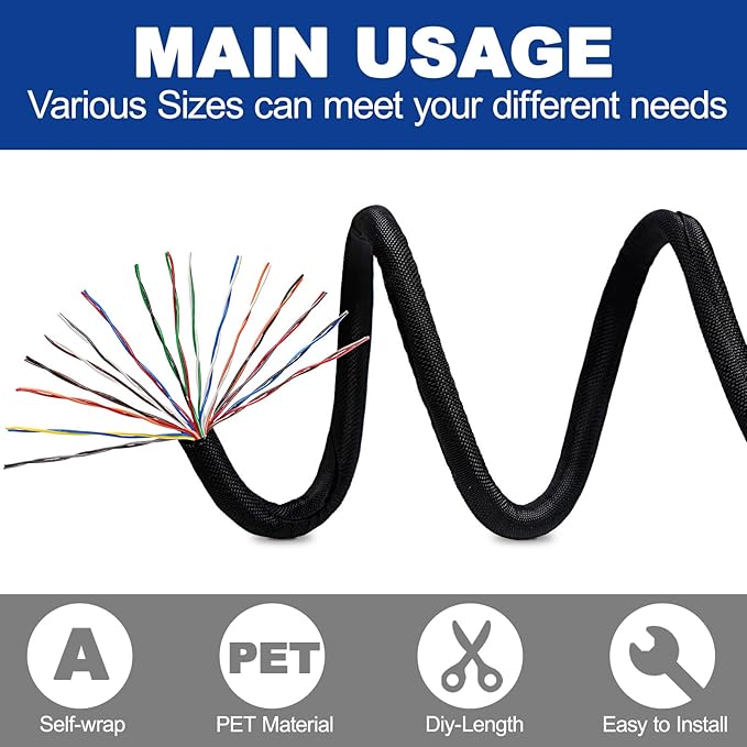 Split-Sleeve Wire Loom for High-Temperature Automotive Harness and Home Cable Management, 25ft - 1/4 inch Braided Cable Management Sleeve Cord Protector, Self-Wrapping Split Wire Loom