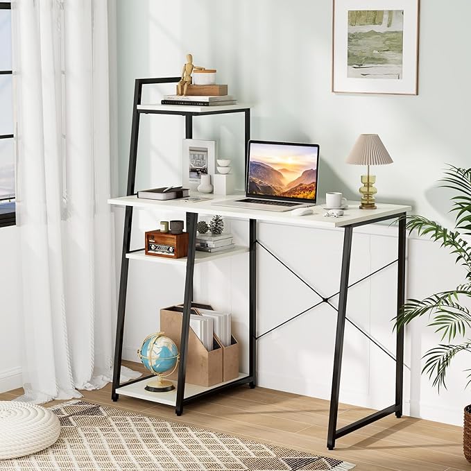 Tangkula Computer Desk with Shelves, Space Saving Home Office Desk with 3-Tier Ladder Shaped Storage Bookshelf, Modern Writing Study Desk with Metal Frame, Compact Computer Workstation (White)