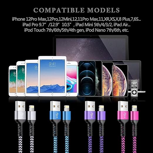 iPhone Charger 4Pack/3-6ft, Long Braided Lightning Cables, Fast Charging Power Charger Cords for iPhone 14 13 12 Pro Max/11Pro Max/SE/X/XS/XR/8/7 Plus, iPad Mini, Air, Cargador Wire Lightening Colored